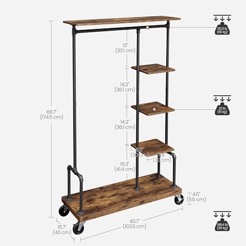 VASAGLE 5-Tier Industrial Clothes Rack on Wheels, Rustic Metal & Wood Garment Organizer