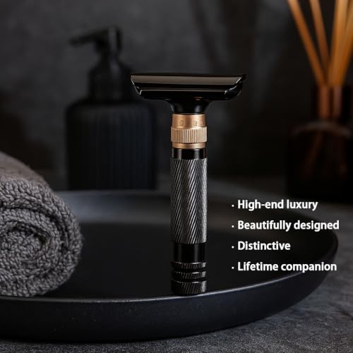 Luxurious and beautifully adjustable double-edged safety razor with 10 platinum-plated stainless steel razor blades, reusable razor kit, eco-friendly, smooth close shave (Glossy Black + Base)