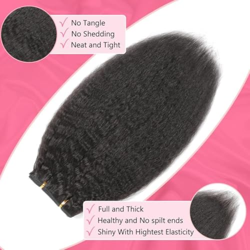Kinky Straight Clip-In Hair Extensions 20 Inch Natural Black Human Hair - 8 Pcs