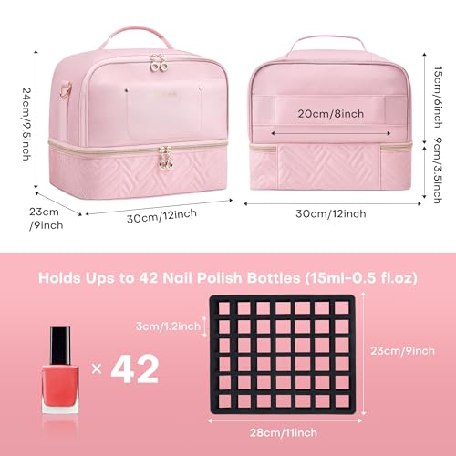 Pink Nail Polish Organizer Bag Holds 42 Bottles with Adjustable Compartments