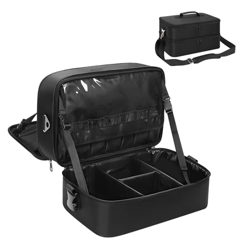 Extra Large Makeup Case, Professional Makeup Artist Traveling Bag, Double Layer Lightweight XL Makeup Travel Case Organizer for Artist Hairstylist Crafters with 2 Detachable Pouch & Shoulder Strap