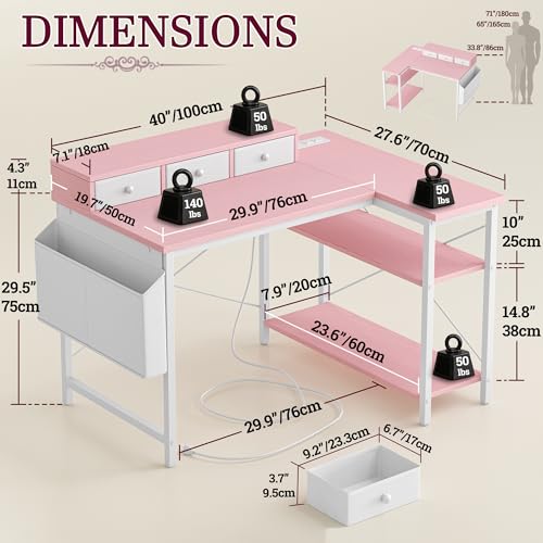 Pink 40 Inch L-Shaped Computer Desk with 3 Drawers & Power Outlets – Reversible Corner Study Table for Kids & Teens