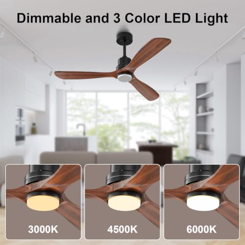 Obabala 52-Inch Walnut Ceiling Fan with Lights and Remote - Reversible 3-Blade Indoor/Outdoor