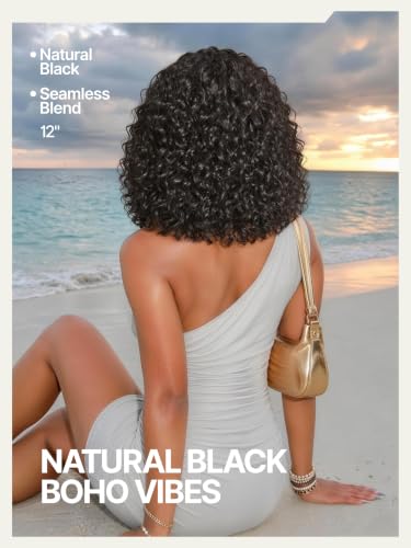 Short Curly Water Wave Glueless Wig - Natural Black, 12 Inch, Beginner Friendly