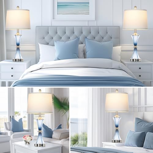 Blue Glass Table Lamp Set of 2 with USB-C & Power Outlet - Modern Bedroom Nightstand Lamps