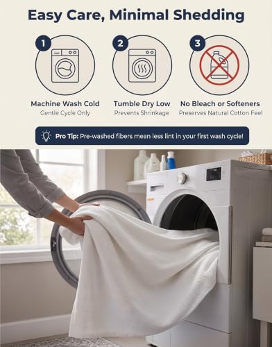 Lane Linen King Size Cotton Blanket - White, Textured Herringbone Weave, 90x108 Inches