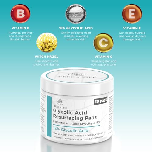 Tree of Life Beauty 18% Glycolic Acid Pads for Face (50 Pads) - Exfoliating Pad for Face with Witch Hazel, Vitamin C, Vitamin B5 and Vitamin E - Smooth Pore Pad Reduce Pigmentation and Fine Lines
