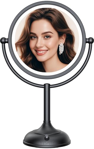 8.5-Inch Lighted Makeup Mirror with 10X Magnification, Dimmable LED Lights, Black Nickel Finish, 360° Rotation