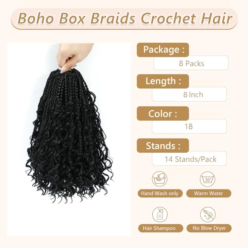FIRSTCYH HAIR Boho Crochet Box Braids 8 Inch 1B - 8 Packs for Black Women