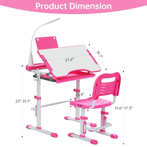 Kids Desk and Chair Set with Tilt Desktop LED Light Pink - Children’s Multi-Function School Furniture