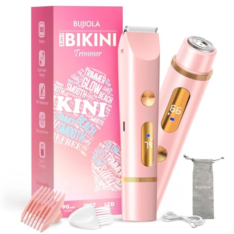 2025 Upgraded Bikini Trimmer for Women, Dual-Head Shaver with LCD Display, Ceramic-Blade Pubic Hair Trimmer, IPX7 Waterproof Wet & Dry Shower Shaver, Travel-Ready Gift Pouch (Light Pink)