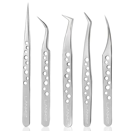 Lash Tweezers for Eyelash Extensions, Lankiz Eyelash Tweezers for Lash Extensions Stainless Steel Straight and Curved Volume Lash Tweezers Set Kit £¨5PCS-SilverH£©
