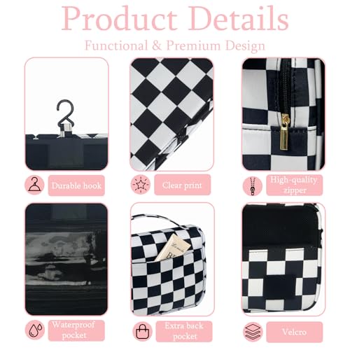 Crazy Bison Hanging Travel Toiletry Bag Kit Makeup Bag Cosmetics Organizer for Men Women (Black & White Checkerboard)