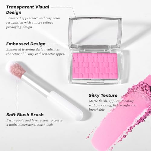 Pink Blush Powder Blush for Cheeks with Brush, Matte Blush Palette Blush Powder Face Blusher, Natural Blendable Formula Silky Lightweight Makeup Blush Rubores de Maquillaje, 001#
