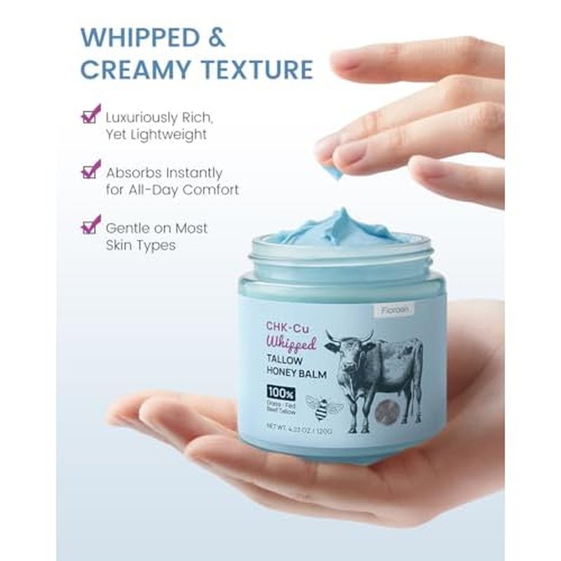 25,000ppm GHK-Cu Copper Peptides Whipped Beef Tallow for Skin, Grass Fed Tallow and Honey Balm with Manuka Honey & Vitamin E, High Potency Tallow Face Moisturizer for Firming & Repair 4oz