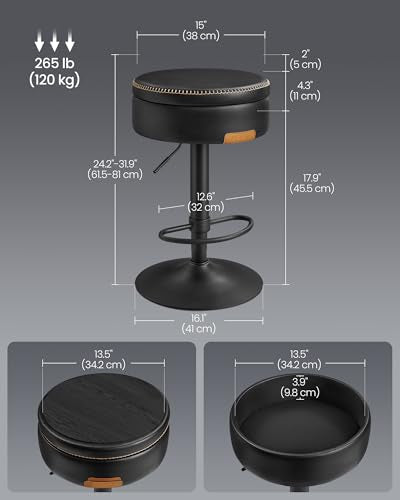 Ink Black 1 Pack Adjustable Swivel Bar Stool with Storage