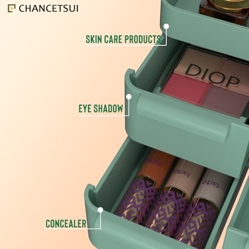 Green Makeup Organizer with Drawers and Brush Holders for Vanity