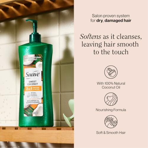 Suave Smooth & Shiny 2-in-1 Shampoo & Conditioner with Coconut Oil - Old Packaging, 4 Pack