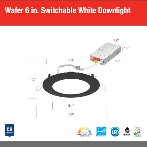 6-Pack Ultra-Thin Recessed LED Lights with Adjustable CCT Black Trim