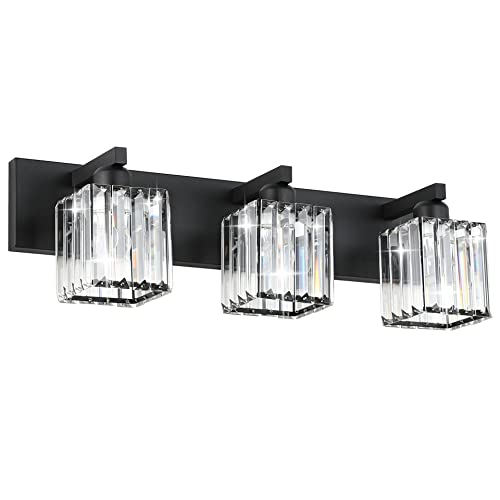 Black Vanity Light Fixture 3-Light Crystal Modern Bathroom Wall Sconce - 23 Inch