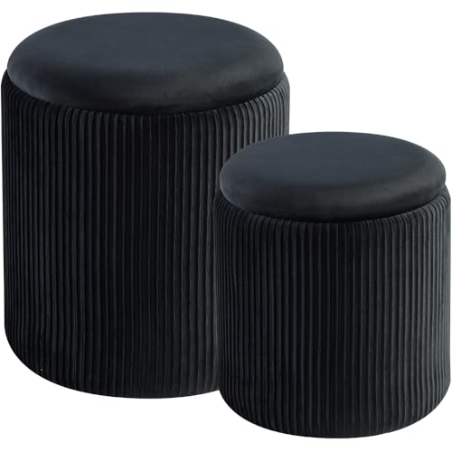 Black Velvet Round Ottoman Set of 2 with Storage & Removable Tray