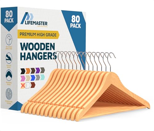 Wooden Hanger Set 80 Pieces - Natural Non-Slip Closet Organizers with Swivel Hooks