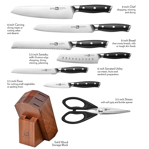Klaus Meyer Stahl Black 8-Piece German Steel Kitchen Knife Set with Block
