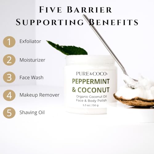 Peppermint Organic Coconut Oil Face and Body Polish - Non Toxic Body Exfoliator & Resurfacing Treatment - Smoothing Bump Eraser for KP & Strawberry Legs - Daily Hydrating Ritual for Sensitive Skin