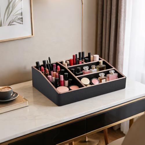 Large Black PU Leather Makeup Organizer Tray with 5 Compartments - Vanity Storage