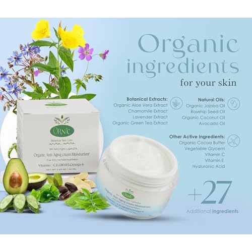 Organic Anti-Aging Moisturizer - Hydrating & Rejuvenating Facial Cream for Dry Sensitive Skin - Vegan, Cruelty-Free, Natural Skincare - Nourishes, Firms & Reduces Wrinkles 50Ml