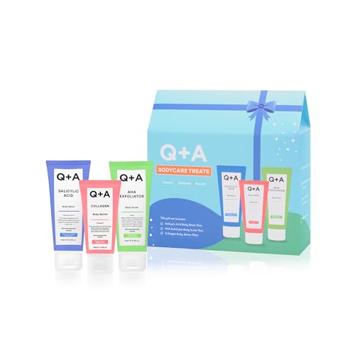 Q+A Bodycare Treats Gift Set, 3-Step Routine for Smooth, Soft Skin, Salicylic Acid Body Wash (75ml), AHA Body Scrub (75ml) & Collagen Body Butter (50ml), Stocking Stuffers and Travel Size Toiletries