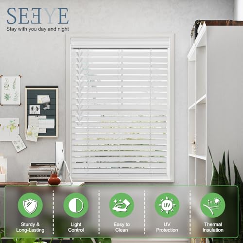 Faux Wood Blinds for Indoor Windows - 58x60 Inch White Cordless Room Darkening Shades with Crown Valance