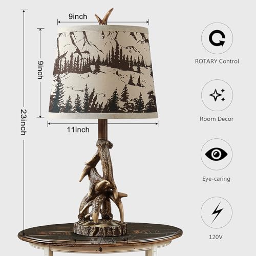 Rustic Deer Antler Table Lamps Set of 2 - Brown Forest Print Shade, Log Cabin Bedroom Nightstand, Western Country Style, 23 Inch