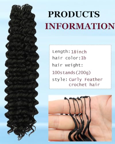 LYCSOU 18 Inch Curly Feather Crochet Hair - 100 Strands, Deep Wave, Knotless, 200g, Black Women Protective Style