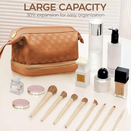 Large Waterproof Makeup Bag for Women with Double Layer & Brush Compartment - Brown