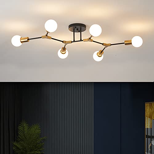 QUOOBE Gold and Black Sputnik Ceiling Light Fixture - 6-Light Mid Century Flush Mount
