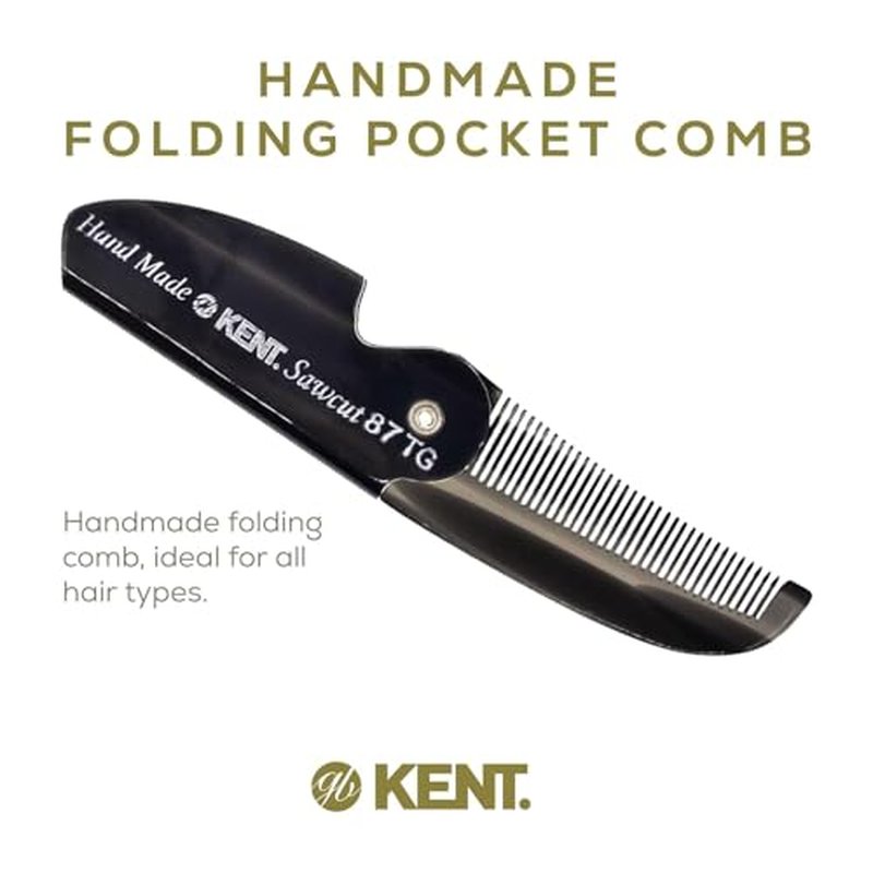Kent 87T Black Graphite Handmade Folding Pocket Comb for Men, Fine Tooth Hair Comb Straightener for Everyday Grooming Styling Hair, Beard or Mustache, Saw Cut Hand Polished, Made in England (2 Pack)