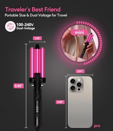 Farery Mini 3 Barrel Hair Waver - Pink Beach Wave Curling Iron for Short Hair, 1/2 Inch Ceramic Crimper, Travel Dual Voltage with Pouch