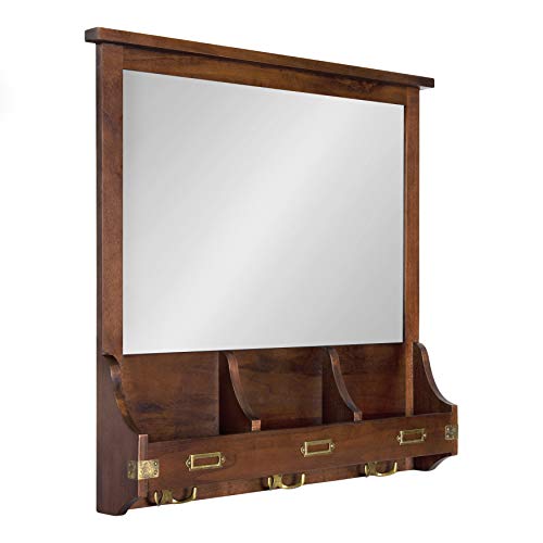 Kate and Laurel Stallard Wall Organizer Mirror with Pockets & Hooks 24L Walnut