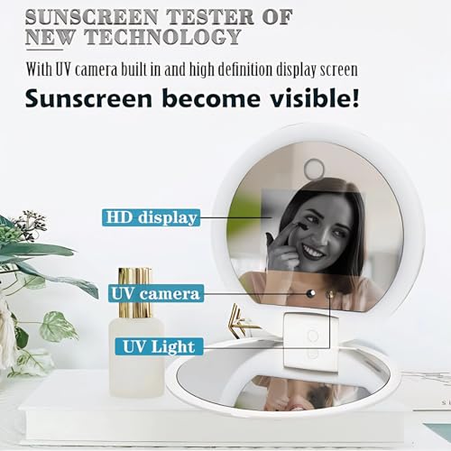 Travel Mirror with Light Intelligent Touch Control Brightness Adjustment UV Camera Lens Testing Compact Makeup Mirror with Magnification Portable LED Vanity Mirror for Travel and Home Use