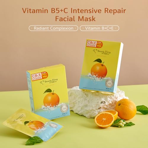 My Beauty Diary Vitamin B5+C Intensive Repair Mask, Glowing and Moisturizing Facial Mask, Restores Skin Radiance, Self Care Face Sheet Mask for Dull Skin and All Skin Types (8 pcs)