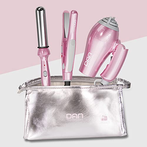 DAN Technology Pink Travel Hair Styling Set with Mini Flat Iron, Curling Iron & Dryer