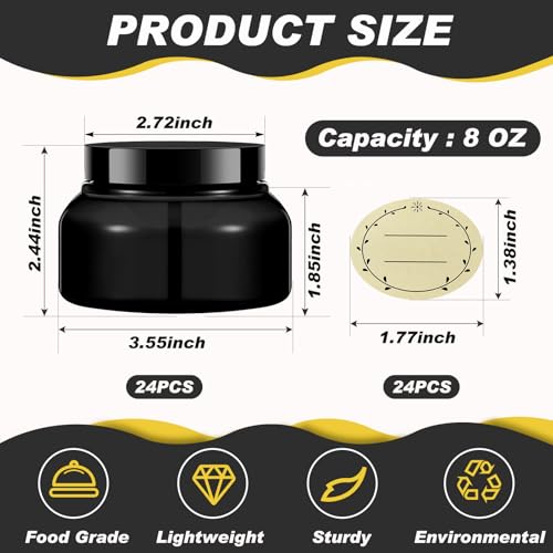 24 Pack 8 oz Plastic Cosmetic Jars with Lids & Labels - Black, Leakproof, Reusable