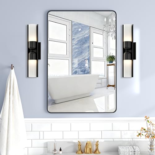 36x24 Bathroom Vanity Mirror with Black Aluminum Frame, Rectangular Wall Mirror with Rounded Corners