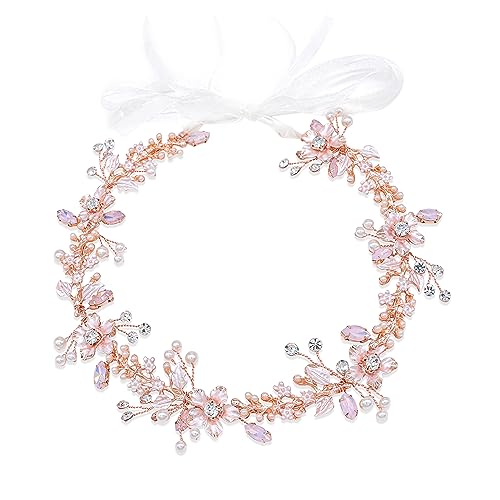 Rose Gold Bridal Headpiece with Flowers Pearls and Rhinestones - Wedding Hair Vine