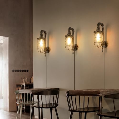 2 Pack Industrial Plug-in Wall Sconces with E26 LED Bulbs, Rustic Metal Design