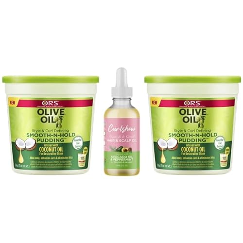 ORS Olive Oil Style and Curl Smooth-N-Hold Pudding - Nourish & Grow* Hair & Scalp Oil Infused with Avocado Oil & Peppermint for Strength & Length - Bundle