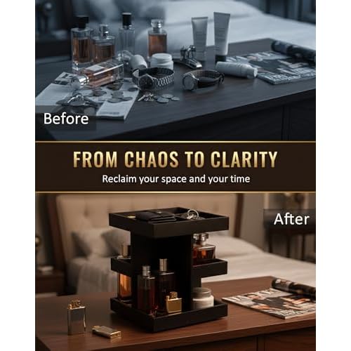 Cologne Organizer for Men - 360¡Æ Rotating Wood Perfume Organizer & Cologne Stand | 9-Compartment Dresser & Bathroom Display for His & Her Skincare | Gift for Husband & Dad (Black)