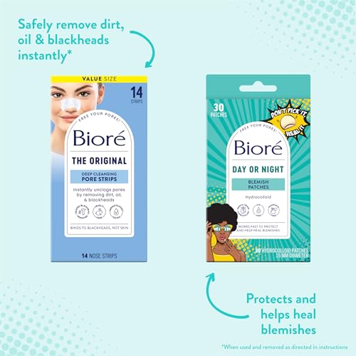 Biore Blackhead Remover Pore Strips & Pimple Patches Bundle - 14+30 Count, Deep Cleansing & Spot Healing (Variation of Pore Strips + Patches / 14ct +30ct)