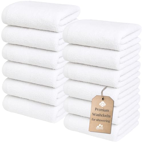 White Cotton Wash Cloths for Showering - 12 Pack - Thick, Soft, 13x13 Inches